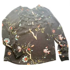 Nanette Lepore Black Floral Sheer Ruffle and lace Blouse Choker Collar Womens XS